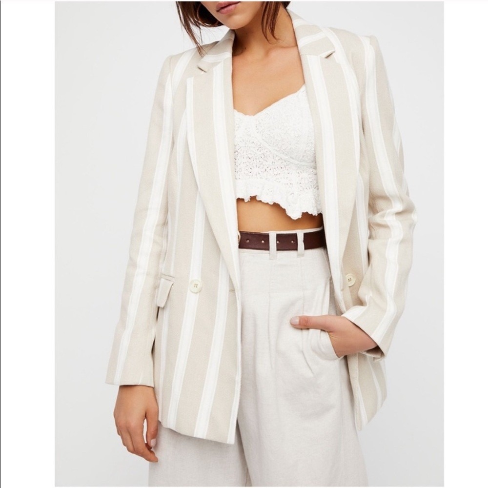 Free People Uptown Girl Blazer Women Small Ivory Stripe Double Breasted Chic Nwt